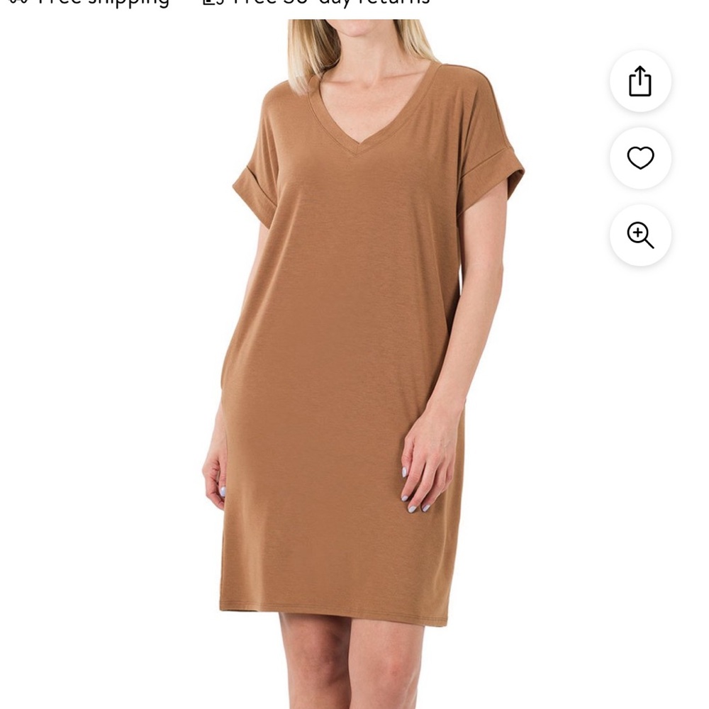 Zenana Women Rolled Short Sleeve V-Neck Midi Trapeze Tunic Dress